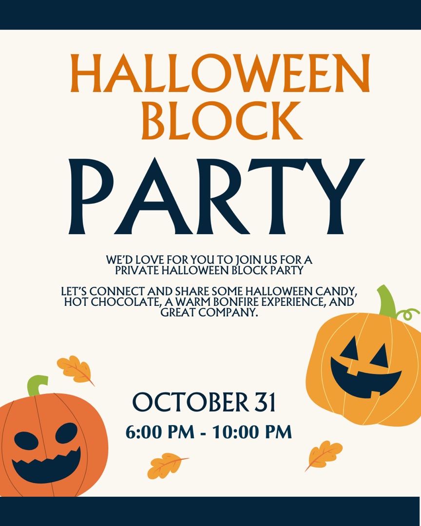 Halloween Block Party poster: October 31, 6:00 PM – 10:00 PM